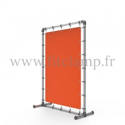 Pavement display frame with tension banner on aluminium tubular structure. FitClamp