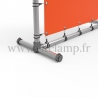 Pavement display frame with tension banner on aluminium tubular structure. Detail of tube clamp fitting 179. FitClamp.