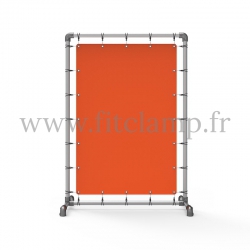 Pavement display frame with tension banner on aluminium tubular structure.