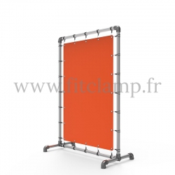 Pavement display frame with tension banner on aluminium tubular structure. Detail of tube clamp fitting 125.