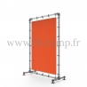 Pavement display frame with tension banner on aluminium tubular structure. Detail of tube clamp fitting 143.