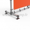 Pavement display frame with tension banner on aluminium tubular structure. Detail of tube clamp fitting 143. FitClamp.