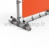 Pavement display frame with tension banner on aluminium tubular structure. Detail of tube clamp fitting 161. FitClamp.