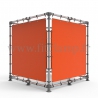 Cube display frame with tension banner on aluminium tubular structure.
