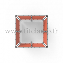 Cube display frame with tension banner on aluminium tubular structure. With reinforcements.