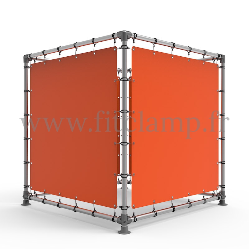 Cube display frame with tension banner on aluminium tubular structure. FitClamp.