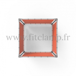 Cube display frame with tension banner on aluminium tubular structure.