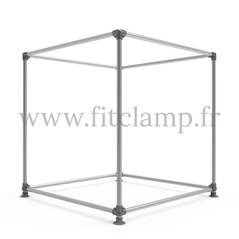 Cube display frame for tension banner on aluminium tubular structure. FitClamp.