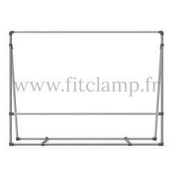 Mobile display frame for tension banner on aluminium tubular structure.