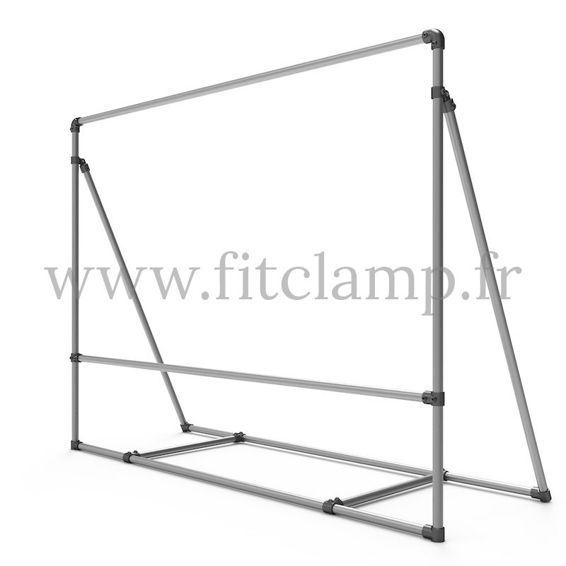 Mobile display frame for tension banner on aluminium tubular structure. FitClamp