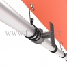 Wall mounted display frame with tension banner on aluminium tubular structure. Detail of tube clamp fitting 143. FitClamp.