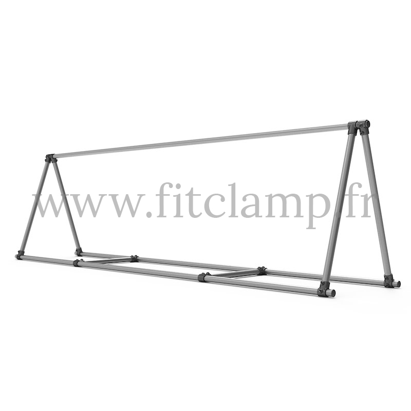 A-frame display structure for tension banner on aluminium tubular structure. FitClamp.