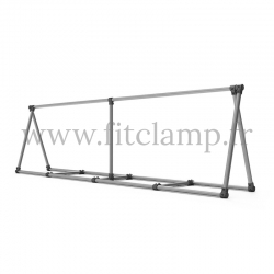 A-frame display structure for tension banner on aluminium tubular structure. With center reinforcement. FitClamp.