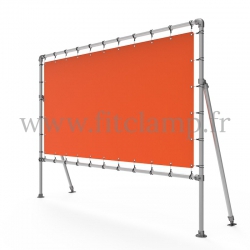 Fixed display frame with tension banner on aluminium tubular structure. FitClamp.