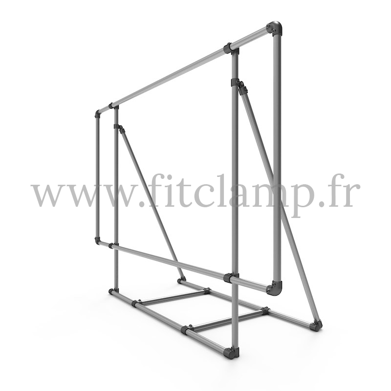 XL display frame for tension banner on aluminium tubular structure. FitClamp.
