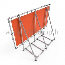 XL display frame with tension banner on aluminium tubular structure.