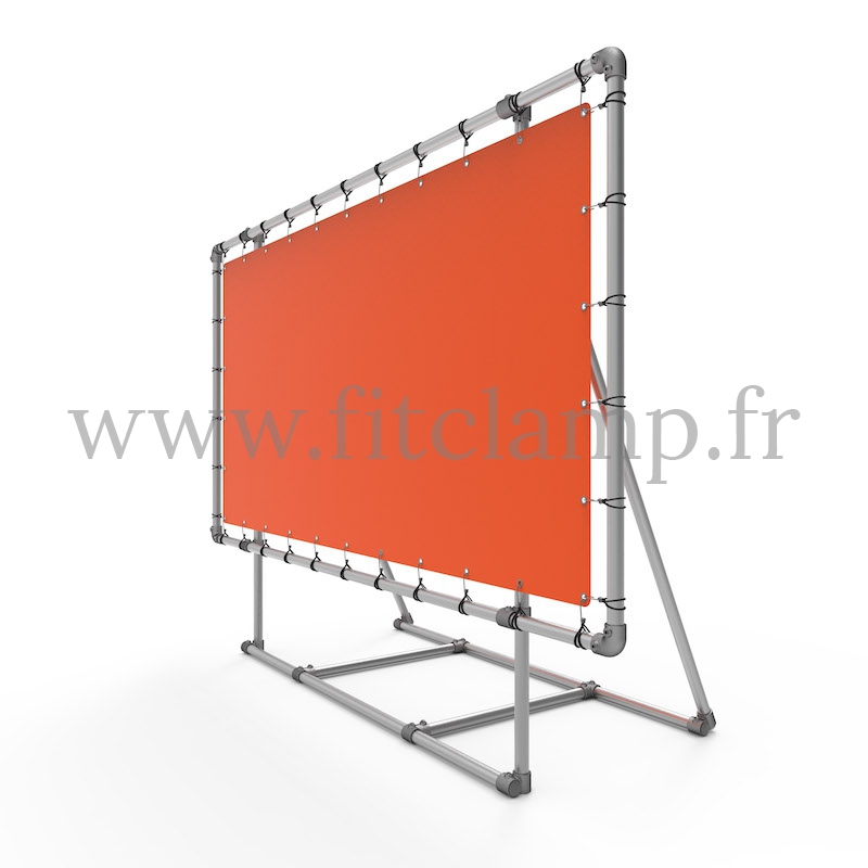 XL display frame with tension banner on aluminium tubular structure.