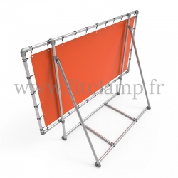 XL display frame with tension banner on aluminium tubular structure.