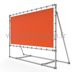 Mobile display frame with tension banner on aluminium tubular structure. FitClamp.
