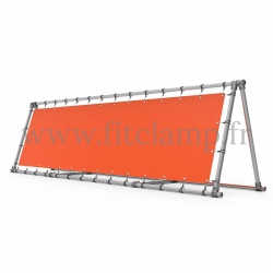 A-frame display structure with tension banner on aluminium tubular structure. FitClamp.