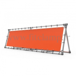 A-frame display structure with tension banner on aluminium tubular structure. With reinforcements. FitClamp.