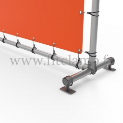 Upright display frame with tension banner on aluminium tubular structure. Foot tube clamp fitting 143
