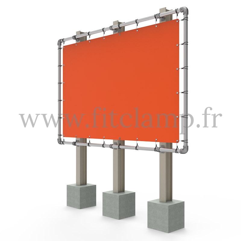 Large tubular display frame with stretched canvas, tubular structure