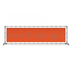 Upright display frame with tension banner on aluminium tubular structure. Easy to install. FitClamp.