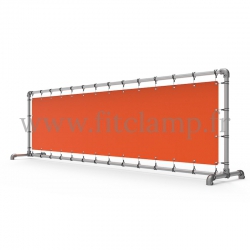 Upright display frame with tension banner on aluminium tubular structure. FitClamp.