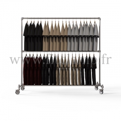 Porte-vêtements double hauteur en structure tubulaire avec roulette en situation face. FitClamp