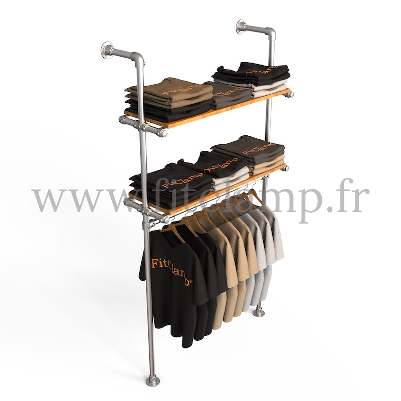 Single-width shelving with hanging wardrobe. B34 Tubular structure. Perfect for shop layouts. FitClamp