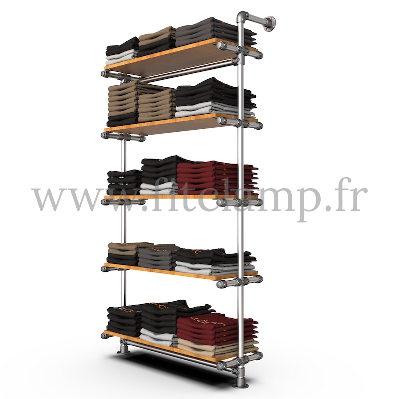 Etagère simple 5 niveaux en structure tubulaire acier galvanisé Ø  B34 avec vêtements. FitClamp.