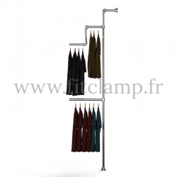 Tubular structure solo wall-mounted clothes rail. Ideal for in-store product promotions