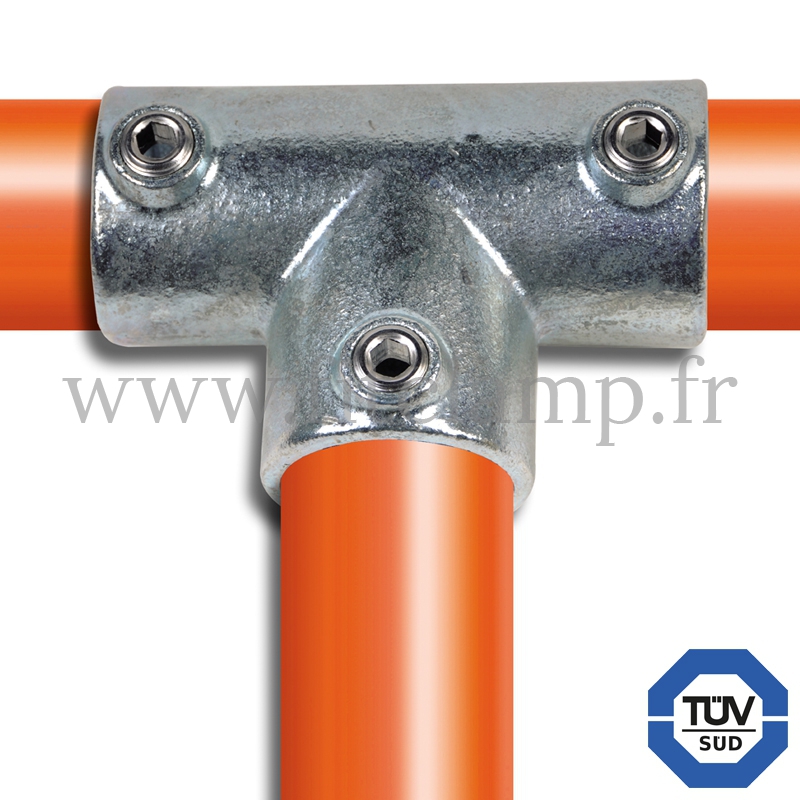 Tube clamp fitting 104 for tubular structures: Long tee, compatible for use with 3 tubes. with double galvanised protection.