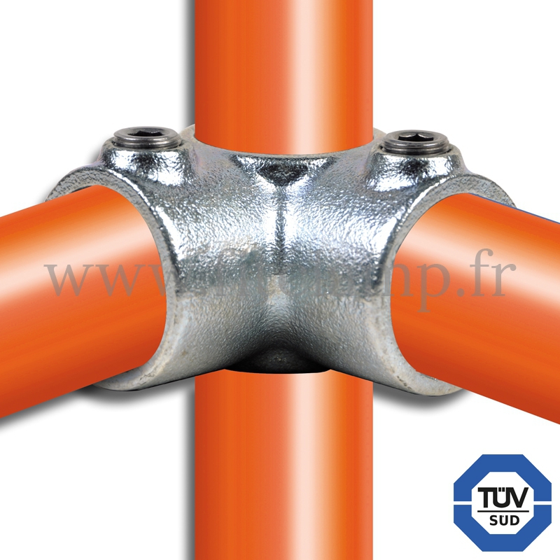 Tube clamp fitting 116  for tubular structures: 3-way through tube clamp, compatible for use with 3 tubes. Easy to install