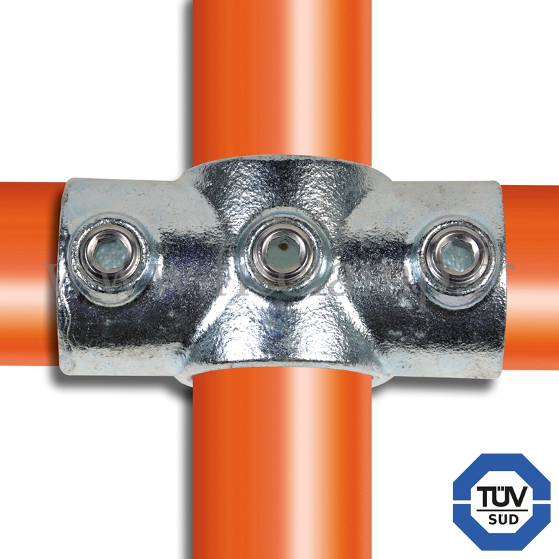 Tube clamp fitting 119 for tubular structures : Two socket cross, compatible for use with 3 tubes. FitClamp
