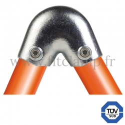 Tube clamp fitting 123 for tubular structures: Variable elbow clamp 40-70°, compatible for use with 2 tubes.
