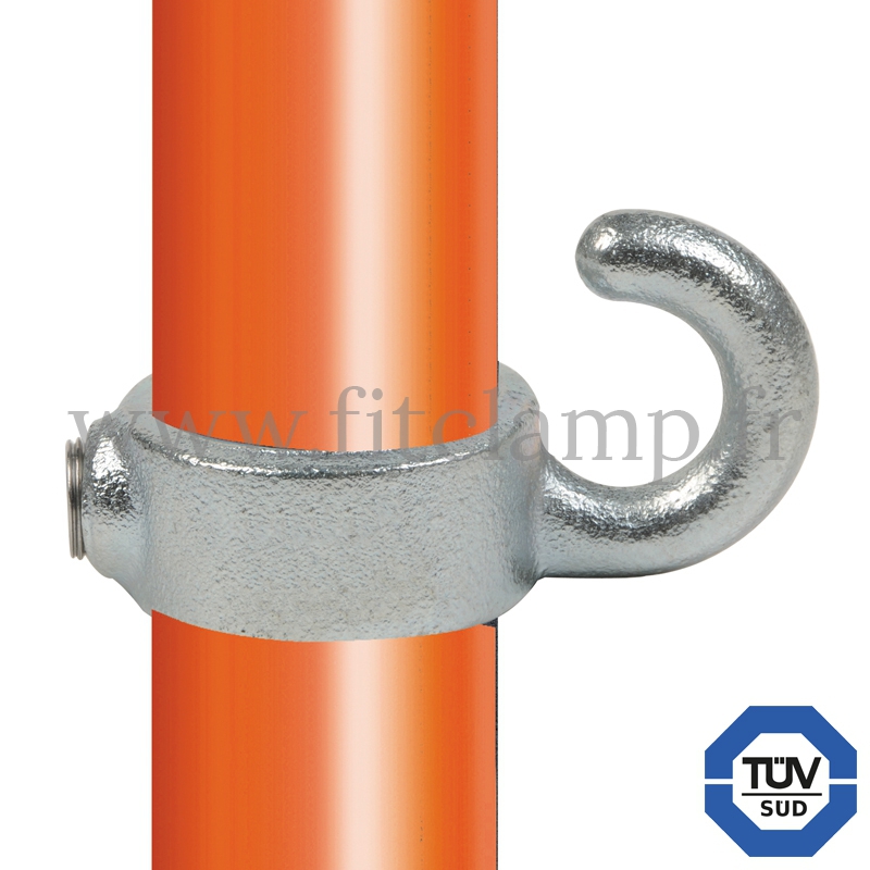 Tube clamp fitting 182: Hook clamp, compatible for use with single-tube tubular structures. Double galvanized protection.