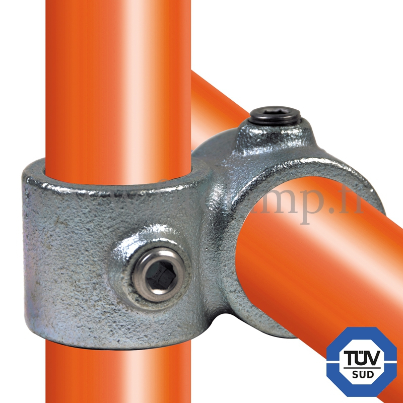 Tube clamp fitting: Reducing 90° cross over for tubular structures. with double galvanised protection. FitClamp
