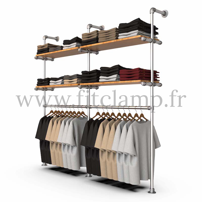 Double-width shelving with hanging wardrobe. Tubular structure. Wooden shelves not included. FitClamp