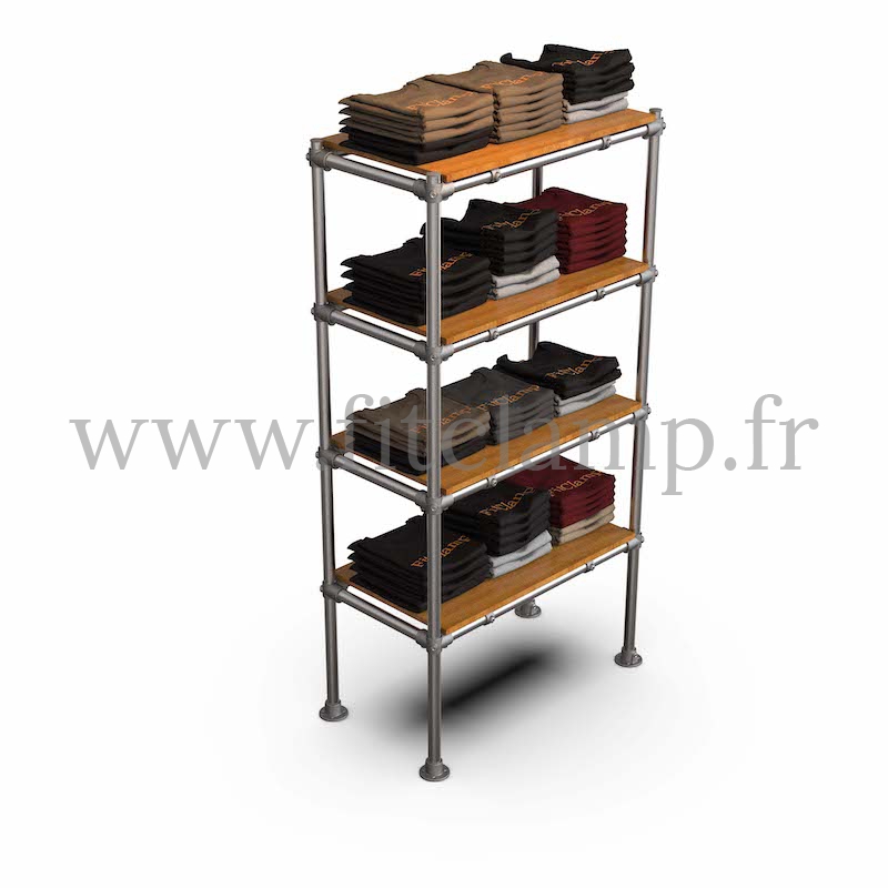 Etagère droite Simple en structure tubulaire en acier galvanisé. En situation avec vêtements. FitClamp