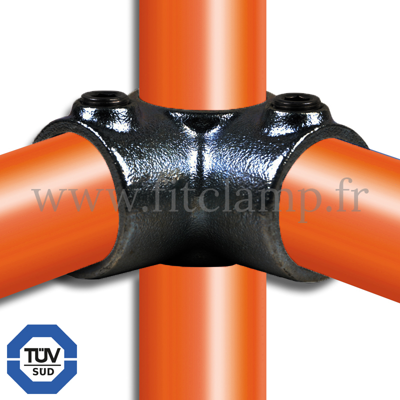 Black Tube clamp fitting 116  for tubular structures : 3-way through tube clamp, compatible for use with 3 tubes. Fitclamp