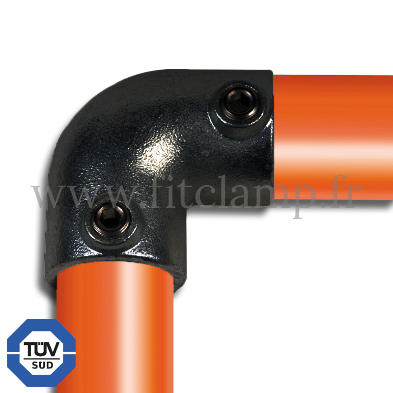 black tube clamp fitting 125 for tubular structures: 2-way elbow 90° clamp, compatible for use with 2 tubes. FitClamp