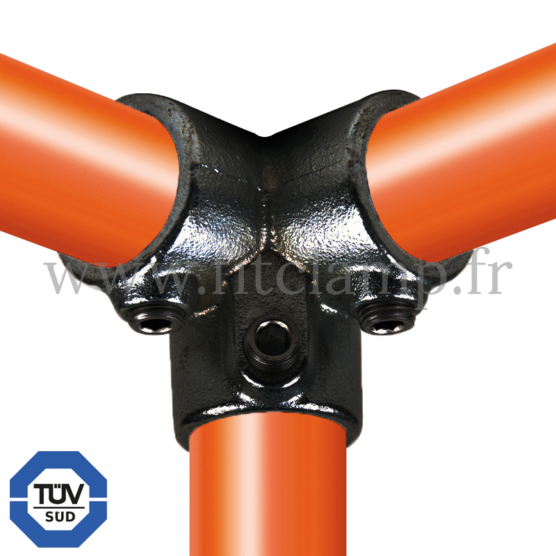 Black Tube clamp fitting 128 for tubular structures for use with 3 tubes. FitClamp