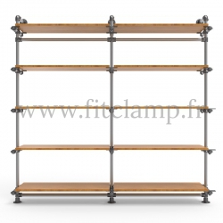 Double-width 5-level shelving with hanging wardrobe. Tubular structure. A trendy, industrial design for interior renovations
